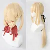 Violet Evergarden Ponytail Braid Bulls Blonde hårvärmebeständig cosplaydräkt peruk Cap Ribbon Y0903310U