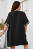 Vestidos casuais básicos plus size irregular em torno do pescoço feminino camiseta vestido xadrez arregaçar mangas curtas camisa feminina robe verão roupas casuais yq240115