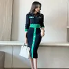 Herbst Winter Koreanische Kontrast Farbe Pullover Kleid Frauen Elegante Lange Hülse Tasten Deco Dünne Gestrickte Bodycon Midi Vestidos 240113