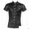 T-shirts pour hommes T-shirts pour hommes Hommes Y Wetlook Bouton en latex Chemise en cuir synthétique souple Tops Clubwear Fetish Punk Lingerie Body Chemises Dhueh