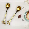 Gumo kawy mieszające łyżka stali nierdzewnej kreatywne liście gałąź kształt sztućce deser dżem lodowe herbata złoto (5