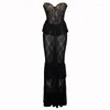 Lässige Kleider Fantoye Sexy trägerlose schiere Spitze Frauen Maxikleid Schwarz Schulterfrei Blumen Abend Herbst Skinny Elegante Party Clubwear