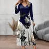 Casual Dresses Fashion Print Floral Dress Women's Elegant Office V-Neck Long Sleeve Splice Contrast Maxi Vintage Bohemia