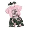 Ensembles de vêtements Ewodos Little Girl Vêtements d'été Claies courtes Lettre à manches Primps Prints With Camouflage Match Shorts et Bandband 3 PCS Tenue