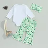 Clothing Sets Toddler Baby Girls Bottoms Outfit Set 3PCS Green Long Sleeve Letter Print Romper Clover Flared Pants Headband