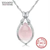 Yhamni Luxury Solid 925 Sterling Silver Pink Gem Crystal Pendant Halsband Natural Stone Water Drop Halsband för kvinnor DZ056304P