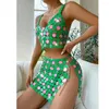 Lässige Kleider Sexy grüne rückenfreie Pailletten Zweiteiliges Set mit Miniröcken für Frauen aushöhlen Neckholder BH Crop Tops Festival Rave Outfits