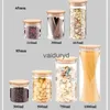 Food Storage Organization Sets Food Storage Cereal Container Airtight Canisters with Bamboo Wood Lids Transparent Glass Jars Kitchen Pantry Organizervaiduryd