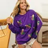 Sweatshirts Womens Hoodies 2024 Femmes Mardi Gras Sweatshirt Sequin Green Purple Yellow Crewneck Fat Marddi Vêtements pour LA