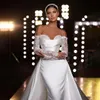 Alonlivn Off-Shoulder Overskirt Mermaid Wedding Dress Luxury Satin Sweetheart Full Sleeves 2 In 1 Bridal Gowns