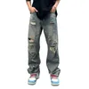 Jeans pour hommes délavés en détresse Style Hop Streetwear trou déchiré jambe large avec poches multiples pour