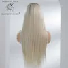 Syntetyczne peruki blondynki jednorożca koronkowa przednia peruki długie proste syntetyczne peruki do włosów dla czarnych białych kobiet odporne na błonnik cieplny codzienne stosowanie Q240115