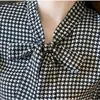 Women's Jackets Houndstooth Shirt Womens Blouse Vintage Ruffle Bow korean Chiffon Ladies Tops Fashion Elegant Woman Blusas Spring Autumn 2023 YQ240115