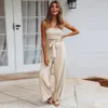 Summer Lady Jumpsuit Casual Off Shoulder Sleeveless Plus Size Cut Out Belted Wide Leg Rompers Women Jumpsuit 240115