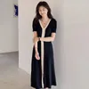 Party Dresses 2024 Summer Black V-Neck A-Line Knitted Long Dress Female Retro Gentle Fashion Sexy Holiday Casual Daily Lady Skirt Clothing