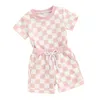 Ensembles de vêtements Reachligh Enfant Bébé Fille Été Courte Tenue À Carreaux À Manches À Carreaux T-shirt Cordon Short Ensemble De Damier