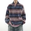 Мужские винтажные вязаные пуловеры с v-образным вырезом, свитер с длинным рукавом, роскошные полосатые топы с текстурой и лацканами, осенняя одежда премиум-класса 240113