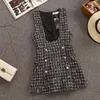 Conjunto de 2 piezas de otoño e invierno, vestido de mono para mujer, camisa elegante con volantes de gasa y lazo, vestido de chaleco de Tweed a cuadros con doble botonadura 240113