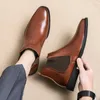 Men's Pointed Chelsea Boots Business Leather Shoes Black Brown Cowboy Autumn Winter Boot Party Prom Dress Ankle Botas Large Size 240115