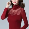 Kvinnors T-skjortor försäljning Höghalsad broderad diamant Långärmad T-shirt Autumn Mesh Elastic Top