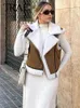 Traf outono moda feminina couro falso lambswool retalhos sem mangas colete jaqueta espessamento quente zip coletes casaco 240115