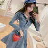 Casual klänningar höst kvinnor denim klänning mode fast färg långärmad maxi bodycon korea stil lösa kläder damer