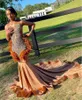 Robe de soirée sirène marron Orange pour femmes, tenue de bal de luxe, diamant, cristal, plumes, 2024