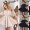 Partykleider Damen, formelles Spitzenkleid, Sommer-Abschlussball, schulterfreies Hochzeitskleid, kurzärmelig, Mini, einfarbig, Schwarz, Rosa