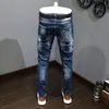 Créateur de mode hommes jean rétro bleu Stretch coupe ajustée peint déchiré jean hommes Style coréen Vintage pantalon en jean décontracté Hombre 240115