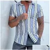 Camisas casuales para hombres Camisas casuales para hombre 2023 Camisa para hombres Rayas de moda Imprimir Manga corta Verano Botón de cuello vuelto Ropa masculina Dhgpe