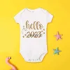 Rompers My First New Year 2023 Newborn Bodysuit New Year Party Baby Outfit Winter Holiday Boy Girl Clothes Short Sleeve Toddler Jumpsuit H240508