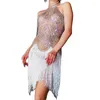Stage Wear Mesh Gaza mini sukienki perspektywiczne fringe dhinestones damskie klub nocny strój kostiumowy