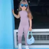 Hot selling summer 2023 for little girls fashionable plain neck jumpsuit sports solid color pure cotton baby tight fitting clothes children's clothing 240116