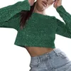 Blouses Femmes Femmes Crop Top Brillant Sequin O Cou Manches Longues Taille Exposée Pull Doux Stage Show Performance Club Party Lady