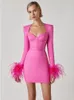 Women Winter Sexy Long Sleeve Feathers Pink Black Mini Bodycon Bandage Dress Elegant Evening Party Dress 240115