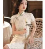 Ethnische Kleidung Sommer Spitze Cheongsam Vintage Chinesischen Stil Bankett Kleid Damen Qipao Knielangen Schlank Party Kleid Knopf Vestido