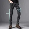 Summer Thin Stretch Jeans Men Slim Fit Skinny Pants Korean Casual Retro Snowflake Pants Men's Fashion Skinny Jeans Men Grey 240115