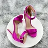 Jurk Schoenen Fuchsia Slik Satijn Vrouwen Enkelbandje Open Teen Hoge Hak Sandalen 12 cm 10 cm 8 cm Elegante Zomer Stiletto Pompen