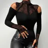 Blouses Femmes Femmes Slim Fit Top Dentelle Couture Perles Décor Pull Tops Élégant Femme Sexy Blouse Collection Col Montant Col Carré