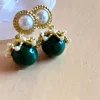 Retro French Green Spherical Gemstone Pendant 14k Yellow Gold Earrings For Women Noble Luxurious Prom Accessories Party Jewelry Birthday Gifts