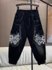 Damskie dżinsy moda czarna elastyczna talia dżinsowe spodnie haremowe luźne myte w trudnej sytuacji mozaiki litery streetwearne