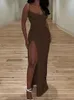 Casual Jurken Sexy Laag Uitgesneden Spaghetti Geplooide Hoge Split Vrouwen Maxi Bodycon Avond Slanke Jurk Zomer Nacht Party Mode vestidos