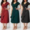 Elegant Women Solid Color Short Sleeve V Neck Asymmetric Hem Waist Tight Midi Party Dress Ladies Evening Vestidos 240115