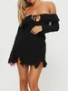 Casual Dresses Women's Mini Dress Slim Off Shoulder Backless Frill Trim Long Sleeve Tinding Split för Cocktail Club Party Wedding Night