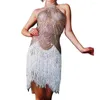 Stage Wear Mesh Gaze Mini Robes Perspective Danse Frange Strass Dames Discothèque Performance Costume Tenue