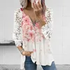 Damesblouses Damesblouse V-hals Rits Hals Gehaakte bloemenkant Bladerdeeg Lange mouw Tops Zomerprint Losse tuniekshirt