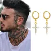 Mens Golden Color 14k Yellow Gold Cross Earrings, Bling Cubic Zirconia Stones Dangle Earring Gifts for Him Jewelry, brincos masculinos