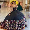 Czarne meksykańskie sukienki Quinceanera 2024 Suknia Ball Charro 3d Florals Szesnaście Słodka 15 urodzin sukienka koronkowa puffle luksus Savistidos vestidos de xv 15 anos vintage