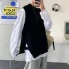 Men's Vests Man Clothes Solid Color Knitted Sweaters For Men Plain Sleeveless Slit Waistcoat Black Vest Japanese Retro Korean Fashion A Tops