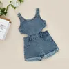 0-4Y enfants denim jeu costume bébé fille vêtements d'été couleur unie sans manches creux à manches courtes combinaison haut pour fille 240116